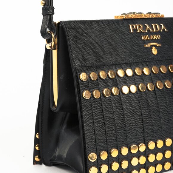 Prada Nero Saffiano Leather Studded Fringe Frame Shoulder Bag - Picture 8 of 14